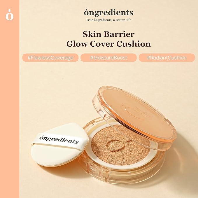 Skin Barrier Glow Cover Cushion, All-day Coverage, Glow Finish, Lightweight, Skincare-Like Texture, Non-cakey Makeup, Korean Cushion Foundation (#23W Sunlight, 0.49 oz)