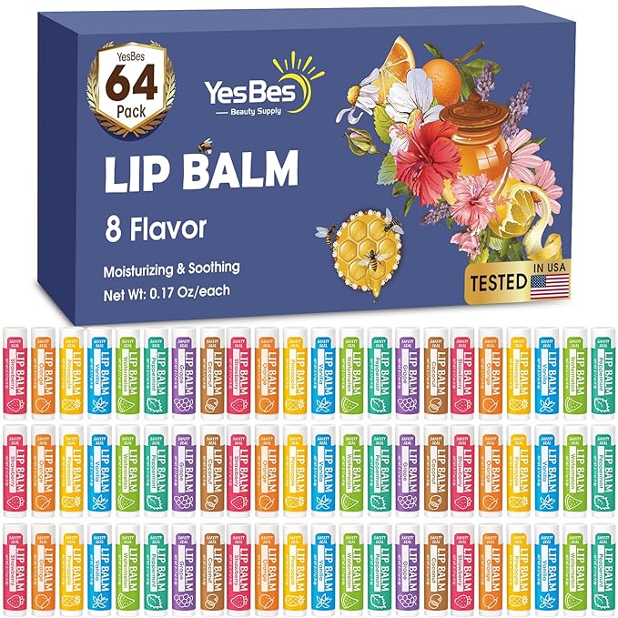 64 Pack Lip Balm, Natural Lip Balm Bulk with Vitamin E and Coconut Oil, Moisturizing Lip Balm for Dry Cracked Lips, Lip Balm for Stocking Stuffers - 8 Flavors