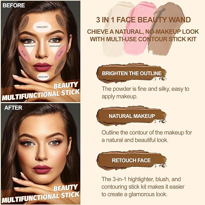 Lezero 3Pcs Contour Stick Makeup Kit, Shades with Highlighter, Blush and Bronzer Stick for Sculpt the Face and All Skin Type, Long Lasting, Smooth, Dewy & Matte Finish, LIGHT