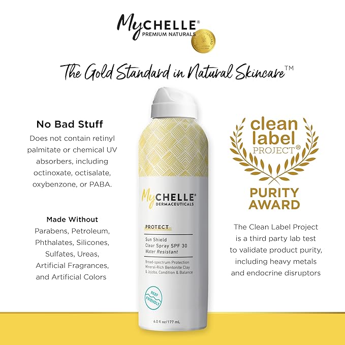 MyChelle Dermaceuticals Sun Shield Clear Spray SPF 30 (6 Fl Oz) - Liquid Zinc Sunscreen Spray with Bentonite Clay and Jojoba - Balances Oil Levels and Conditions Skin - Water Resistant for 80 Minutes