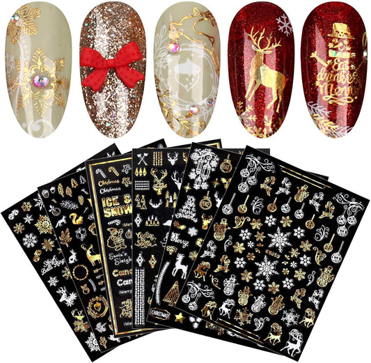 9 Sheets Christmas Nail Art Stickers Decals Self-Adhesive Pegatinas Uñas Gold White Nail Supplies Nail Art Design Decoration Accessories