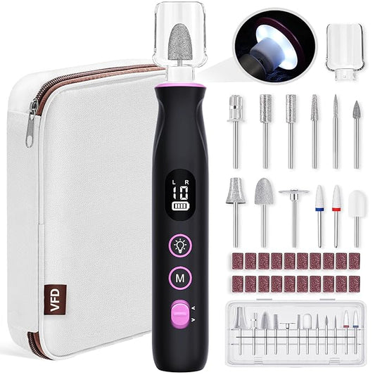 Electric Nail Drill, Cordless 2000 mAh Rechargeable Portable Nail File 12 in 1 Kit for Thick Toenails, 10 Speeds Nail Dril Machine Professional Manicure Pedicure for Hand Natural Nails Care (Black)