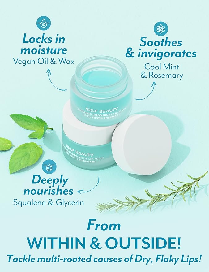 SelfBeauty Lip Mask - Cool Mint Rosemary, Vegan Lip Balm, Daily Lip Moisturizer, Overnight Hydrating Lip Treatment with Cool Mint, Lip Scrub Exfoliator Intensive Lip Repair, 0.51fl.oz
