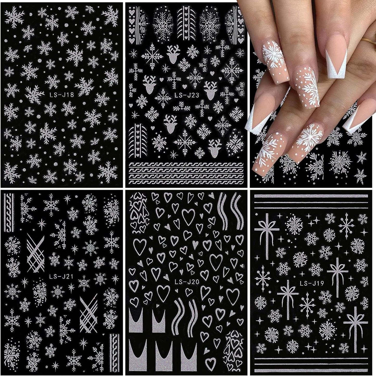 6 Sheets Glitter Silver Snowflake Nail Art Stickers 3D Christmas Nail Decals Self Adhesive Xmas Winter Nail Design Holiday Reindeer Snowflakes Nail Stickers for Women Girls Christmas Nail Decoration