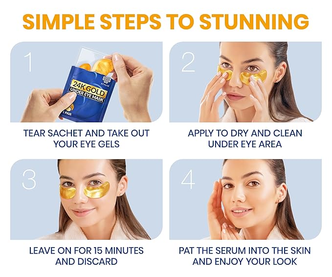 Stylia Under Eye Patches for Puffy Eyes and Dark Circles (30 Pairs) - 24k Gold Under Eye Mask with Vitamin C, Hyaluronic Acid, Pearl Extract - Eye Masks for Dark Circles and Puffiness