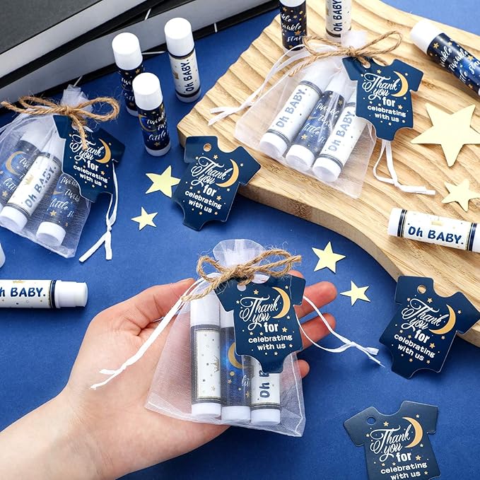 Demissle 50 Pcs Baby Shower Lip Balm Gift Set with 100 Pcs Organza Bags Baby Shower Party Favor for Guest Thank You Tag Rope Baby Shower Party Decoration Gender Reveal Souvenirs(Night)