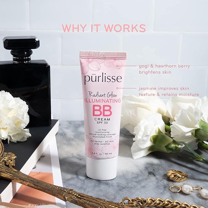 pūrlisse Radiant Glow Illuminating BB Cream with SPF 30 - Glow BB Cream Enriched with Goji & Hawthorn Berry for Dewy Skin - Helps to Improve Skin Texture & Radiance - Deep (1.4 oz)
