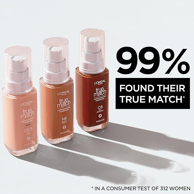 L'Oreal Paris True Match Super-Blendable Foundation, Medium Coverage Liquid Foundation Makeup, N6, Medium, 1 Fl Oz