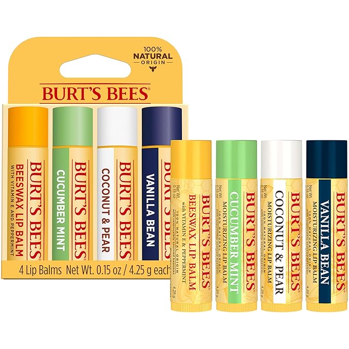 Burt's Bees Lip Balm - Beeswax, Cucumber Mint, Coconut & Pear, and Vanilla Bean Pack, With Responsibly Sourced Beeswax, Tint-Free, Natural Origin Lip Treatment, 4 Tubes, 0.15 oz.