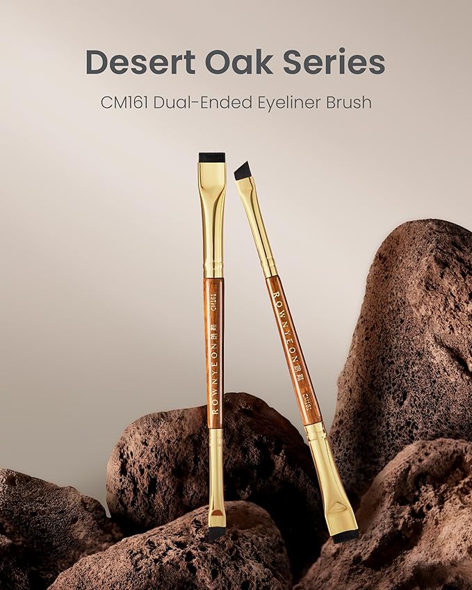 Desert Oak Series Precision Thin Eyeliner Brush - Dual-Ended Angled & Concave Tips for Winged Lines/Tightlining, Gel & Liquid Liner Compatible, Ebana Handle (CM 161)