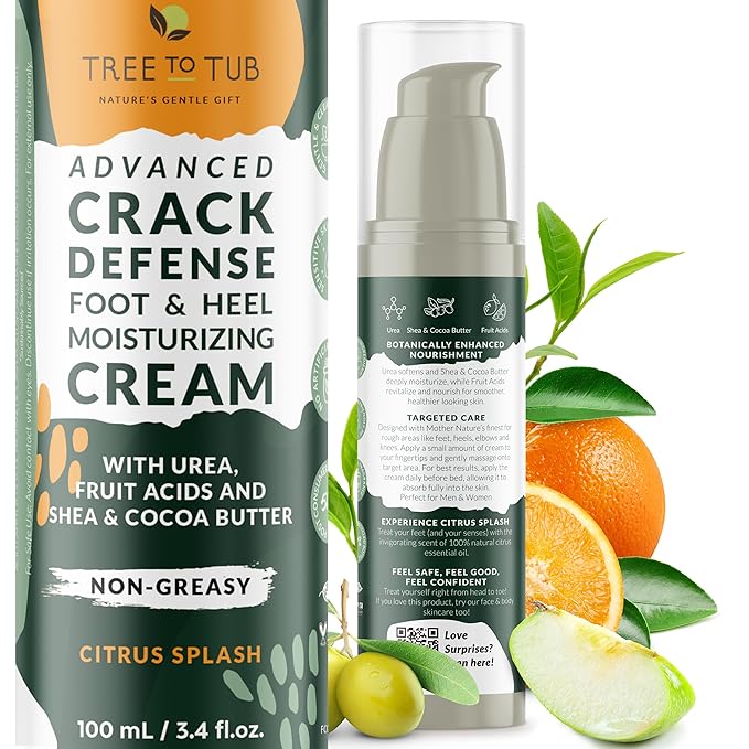 Tree to Tub Foot Cream for Dry Cracked Heels and Feet - Foot Lotion for Dry Cracked Feet, Non-Greasy Moisturizer Urea Cream w/Softening Shea Cocoa Butter, Citrus Foot Care for Women & Men