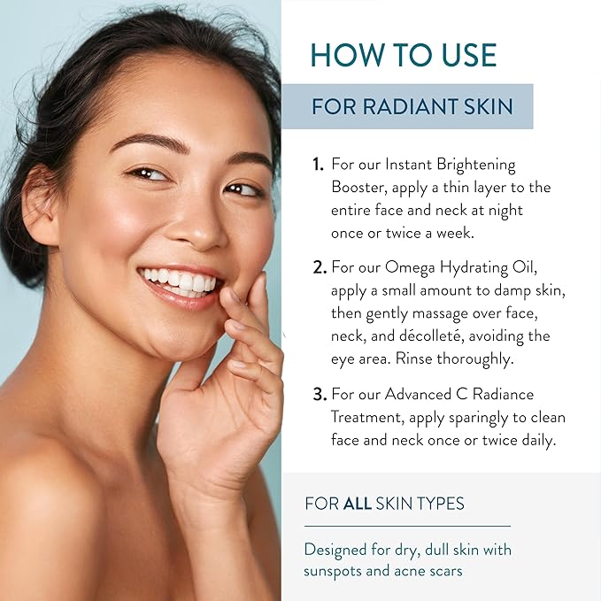 Lancer Skincare Bright & Radiant 3-Piece Set with Instant Brightening Booster, Omega Hydrating Oil, and Advanced C Radiance Treatment for Glowing Skin