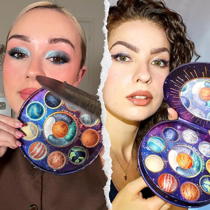 Galactic Assemble Eyeshadow Palette 14 Colors Glitter Shimmer Metallic Eye Shadow Pallet Blue Galaxy Eye Makeup Palettes Create Space-like Eyes Make up Orange Gifts for Women Girls