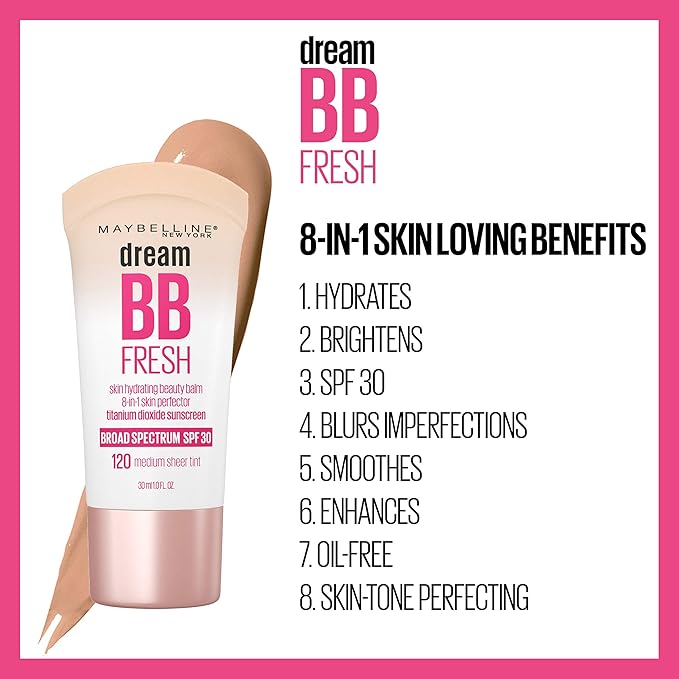 Maybelline Dream Fresh Skin Hydrating BB cream, 8-in-1 Skin Perfecting Beauty Balm with Broad Spectrum SPF 30, Sheer Tint Coverage, Oil-Free, Light, 1 Fl Oz
