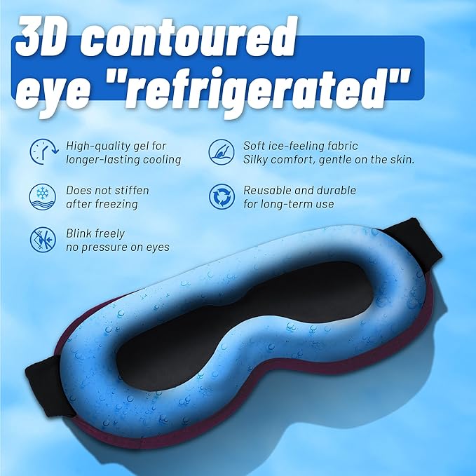 Cooling Gel 3D Sleep Eye Mask-Weighted Blackout Sleep Mask & Cold Compress for Dark Circles, Dry Eyes, and Puffiness - Comfortable, Eyelash-Friendly, Reusable for Relaxing Sleep-Purple