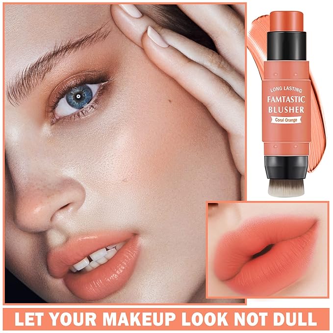 Cream Blush Stick with Brush,Waterproof Blush Makeup,Long Lasting 3 In 1 Cheek Blush & Lip Tint & Eye Shadow Makeup Stick,Easy To Use Blends Effortlessly,Cream Blush Makeup for All Skin Tones - Coral Orange