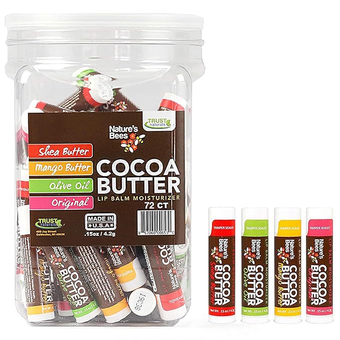 Nature's Bees - Cocoa Butter Lip Balm Moisturizer - Original 72 Pack, 4 Flavors - Original, Shea Butter, Mango Butter, Olive Oil - Made w/Coconut Oil, Beeswax, Vitamin E, Aloe - 0.15oz (4.2g)