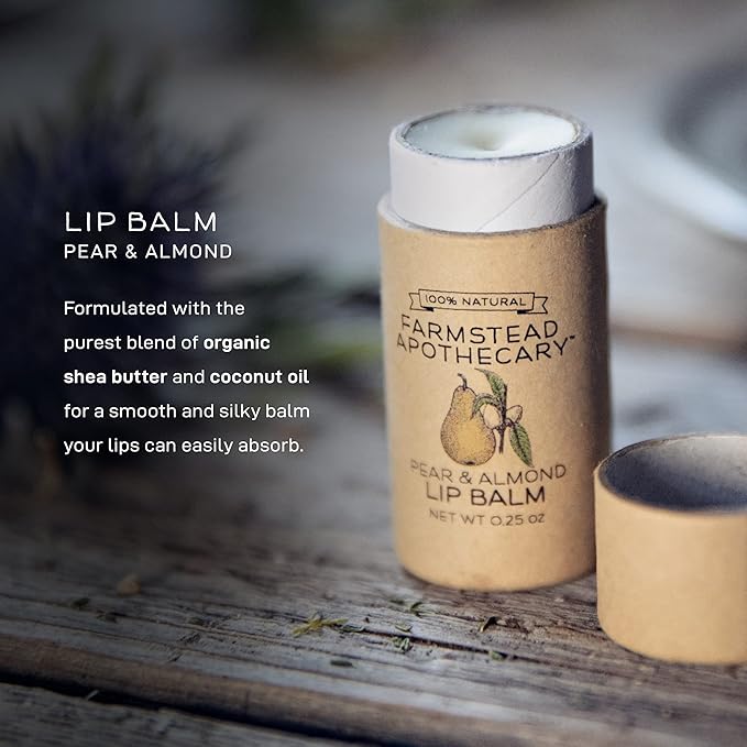 Farmstead Apothecary 100% Natural Lip Balm with Organic Beeswax, Organic Shea Butter & Organic Coconut Oil, Pear & Almond 0.2oz (Pack of 2)