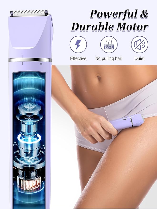 Bikini Trimmer and Shaver Kit for Women - 2-in-1 Wet/Dry Electric Body Hair Trimmer Facial Hair Removal Cordless Waterproof Bikini Shaver Razor for Face Lip Chin Pubic Underarm Legs (Purple)