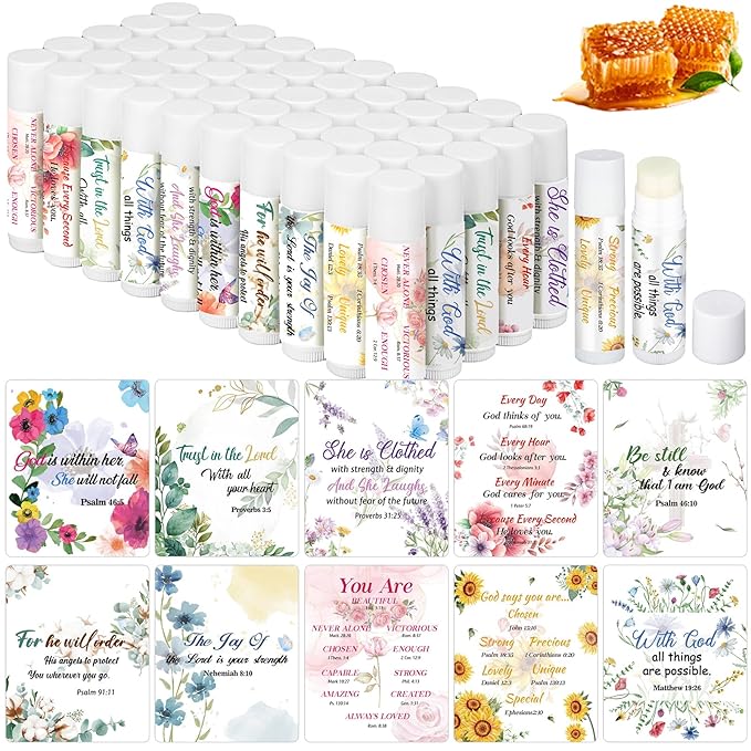 50 Pack Lip Balm Religious for Women Lip Balm with Scripture Bulk Sticks Christian Lip Balms Gifts Faith Bible Verse Scripture Inspirational Gift Party Favors Coworkers 10 Styles Floral