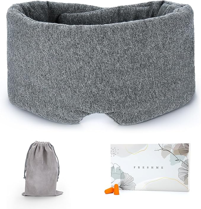 FRESHME Cotton Eye Mask for Sleeping in Gift Box - Soft and Adjustable Extensions Sleep Mask with Earplugs and Pouch for Women and Men, Blackout Cover for Night Travel Relaxation