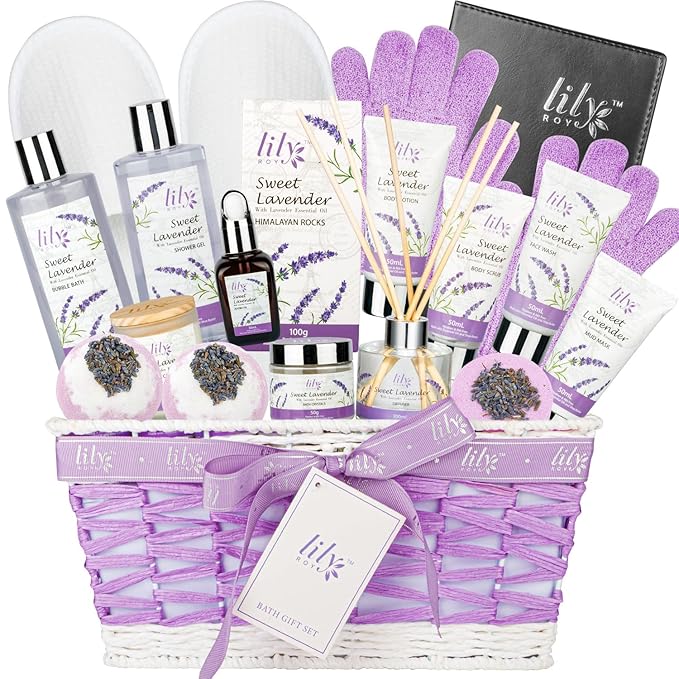 Mothers Day Gifts for Mom - 18-Piece Luxury Bath and Body Gift Set for Women, Lavender Spa Gift Basket with Bath Bomb, Diffuser | Self Care, Christmas Birthday Gifts for Her, Bridal Shower Pamper Kit