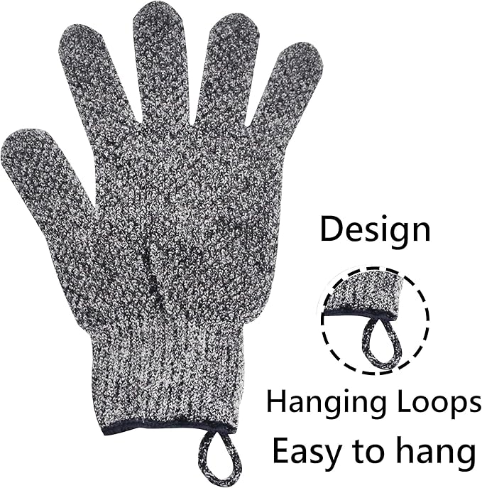 Exfoliating Gloves with Hanging Loop - 1 Pair Bamboo Charcoal Bath/Shower Gloves, Bath Gloves for Shower Exfoliating and Ingrown Hair/Dead Skin Remover - Bamboo Charcoal - Exfoliator Mitt Scrub Gloves