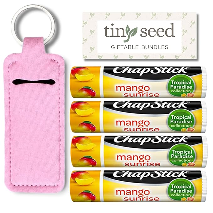 Mango Chapstick 4-Pack. Includes Bonus Lip Balm Holder Keychain (Pink). Limited Edition Flavor from the Chapstick Tropical Paradise Collection, Unique Gift Bundle from Tiny Seed