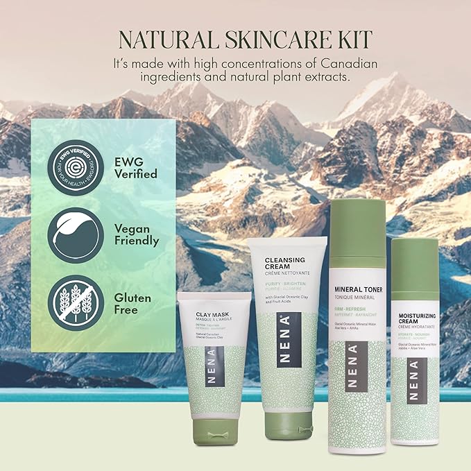 NENA Natural Skincare Kit | 4-Piece Daily Skin Essentials for Women & Men - for Dry, Oily, Normal and Sensitive Skin | EWG Verified, Cruelty Free & Vegan-Friendly