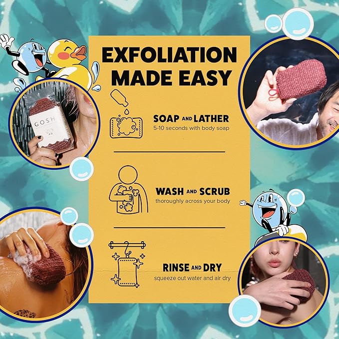 GOSHI Exfoliating Shower Sponge - Rip-Resistant, Rapid-Drying Exfoliating Bath Sponge for All Skin Types - Brick Red - Made in Japan