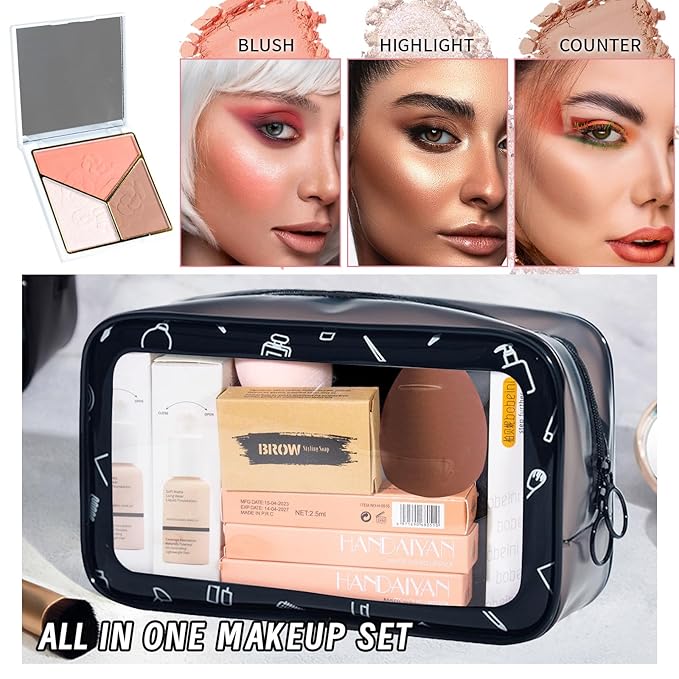 Makeup Set Kit for Women Full Kit, Makeup Present for Women Teen Girl, Eyeshadow Foundation Face Primer Brush 3 in 1 Palette Lip Gloss, Eyebrow Soap Mascara Eyeliner cosmetic bag