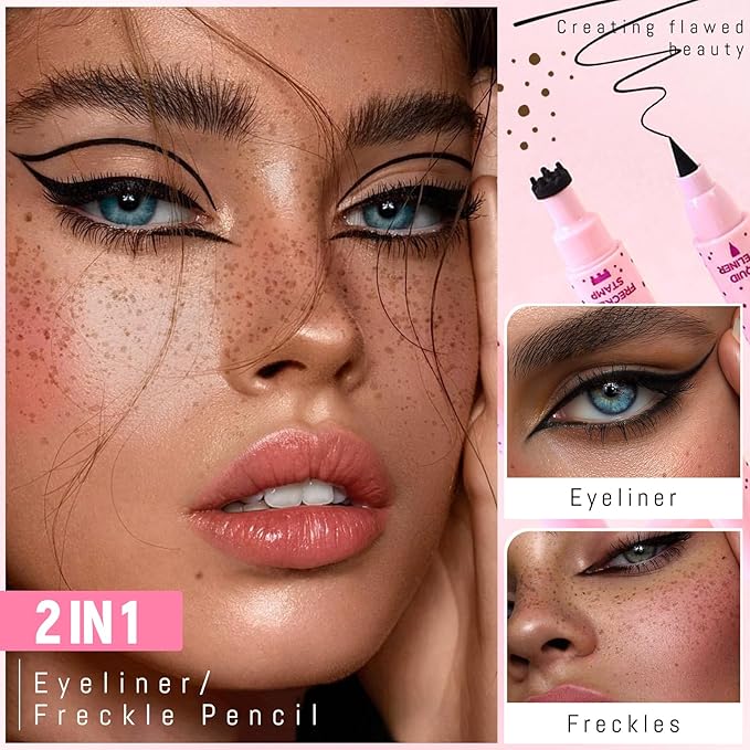 Freckle Stamp with Eyeliner Pen 2 in 1 for Natural Lifelike Faux Freckle Waterproof Fake Freckles Stain Marker for Sunkissed Makeup #Brown&Black