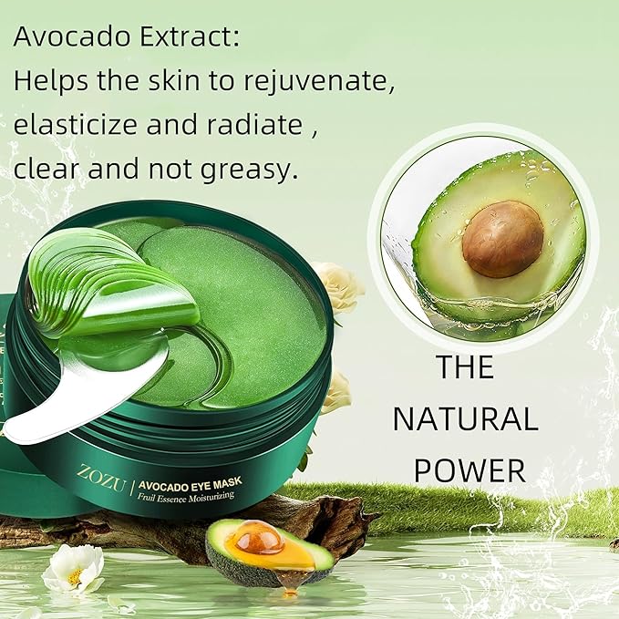 Eye Mask 60 Pcs, Under Eye Patches for Dark Circles and Puffiness, Lighten Fine Lines and Eye Bags,Water Replenishing Eye Treatment Mask (Avocado Eye Mask)