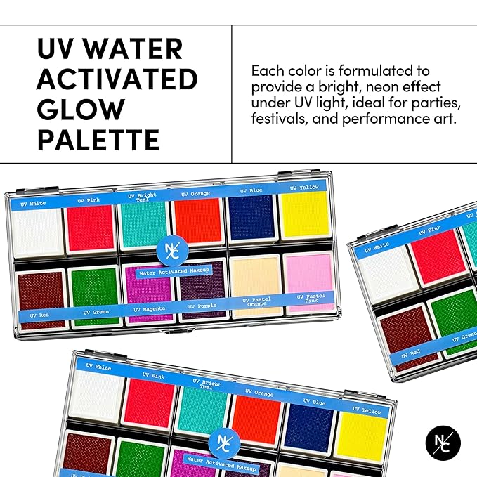 UV 12-Color Palette - Water-Activated Neon Glow Makeup for Face & Body - Fluorescent Shades for SFX, Party Makeup, Cosplay & Theatrical Performances