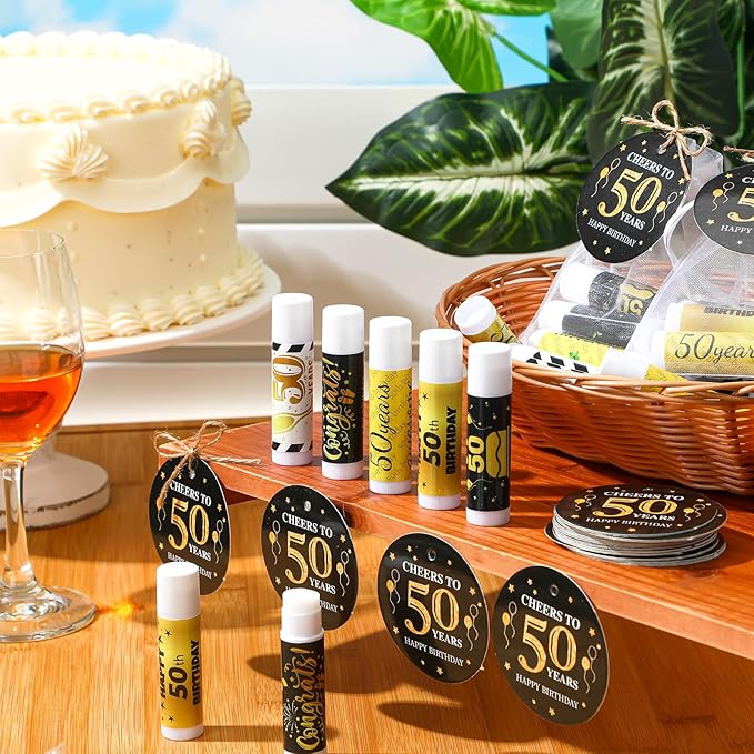 50 Sets Birthday Favors Lip Balm Gifts Bulk Moisturizing Lip Balm with 50 Organza Drawstring Gift Bag 50 Tags Birthday Party Supplies Gifts Bulk for Men and Woman (50th Birthday)