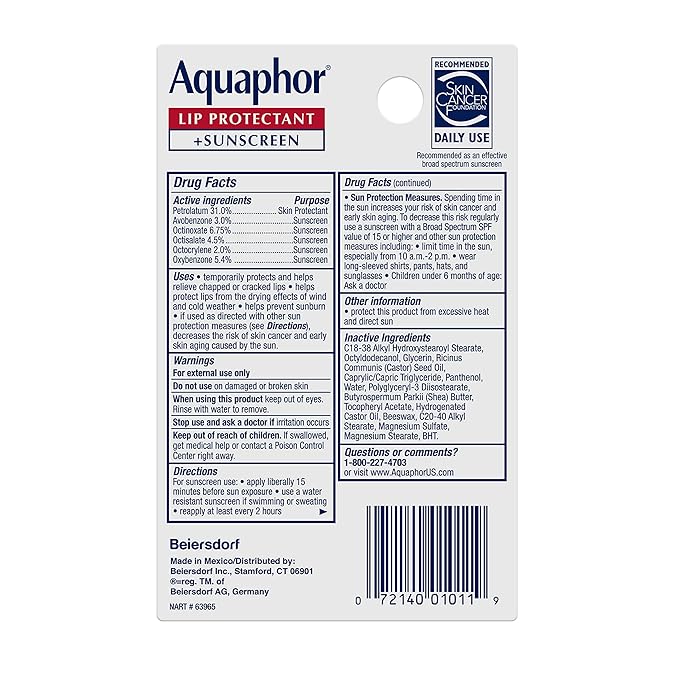 Aquaphor Lip Repair Lip Balm with Sunscreen, Lip Protectant, Lip Balm SPF 30, 0.35 Oz Tube (Pack of 48)