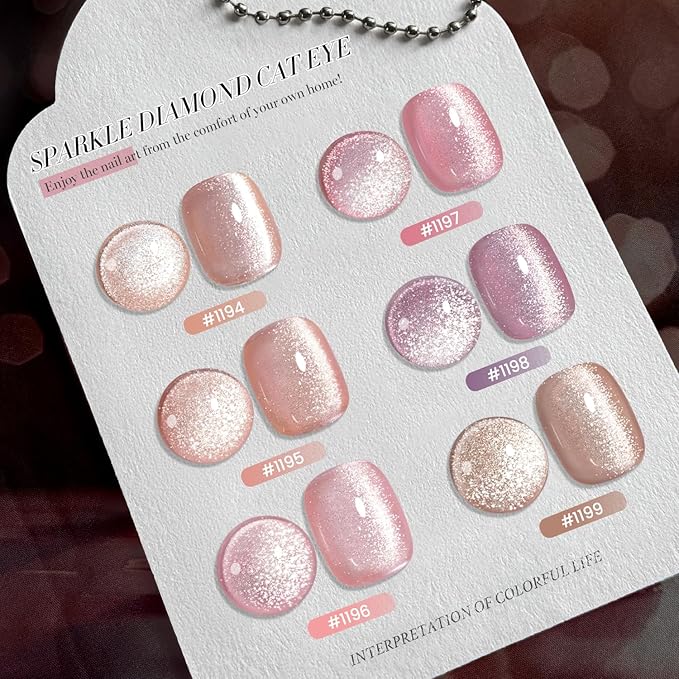 RARJSM Nude Cat Eye Gel Polish Set 6 Pcs Sparkle Diamond Glitter Sheer Purple Soft Pink Chanpagne Gold Velvet Ice Jelly Glass Cateye Gelpolish with Magnet Stick UV LED Curing Requires Home Manicure
