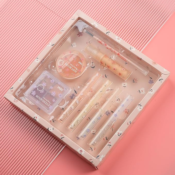 Makeup Kit for Girls, 8 Pieces Makeup Set, Include 4 Color Lipsticks and Eyeshadow, Eyebrow Pencil, Concealer, Blush Palette, Ideal Gift for Girls