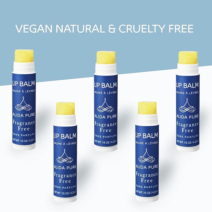 Fragrance Free Lip Balm, Vegan Lip Balm Set, Unscented, No Flavor, Beeswax Free, Organic Jojoba Oil, Avocado Oil, Vitamin E, Natural Moisturizer for Dry, Chapped, or Cracked Lips 5 Tube Set