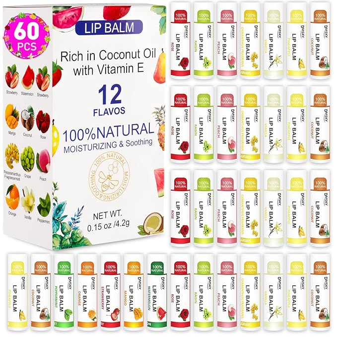 DMSKY 60 Pack Lip Balm, Natural Lip Balm Bulk with Vitamin E and Coconut Oil, Moisturizing Soothing Chapped Lips, Gifts for Women Stocking Stuffers Party Favors