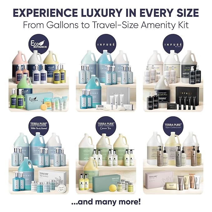 H2O Therapy Amenity & Accessory Kit | 0.85 oz Travel Size Shampoo, Conditioner, Lotion, Body Wash, Massage Bar, Cleansing Bar, Shave & Dental Sets, Make-Up Remover Wipes, & Vanity Kit | 15 sets/case