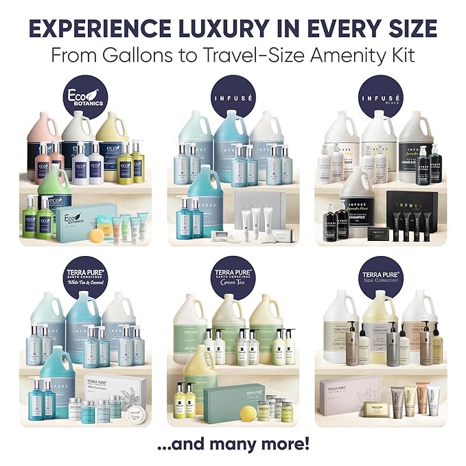 Terra Pure Green Tea Amenity & Accessory Kit | 1 oz Travel Size Shampoo, Conditioner, Lotion, Body Wash, 2 Soap Bars, Shave & Dental Sets, Make-Up Remover Wipes, & Vanity Kit | 1 set per case