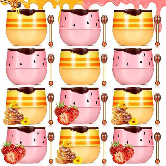 12 Pcs Bee Lip Balm Honey Pot with Brush Propolis Lip Mask Overnight, Moisturizing Hydrating Lip Sleeping Mask Prevention Dry and Cracked(Honey+Strawberry)