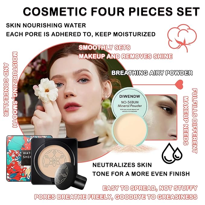 Mushroom Head Air Cushion CC Cream Full Coverage Liquid Foundation Set,Oil Control Concealer Lasting Moisturizing BB Cream,Loose Setting Face Powder Moisturizer Base Primer Makeup with Makeup Sponge