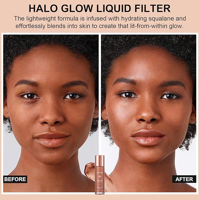 Natural Glow Liquid Filter Makeup, Longwear Face Luminizer, Complexion Booster For Any Part of the Body, Liquid Highlighter with Brush Kit, Infused Hyaluronic Acid, 1.06 fl oz (#04 MEDIUM)