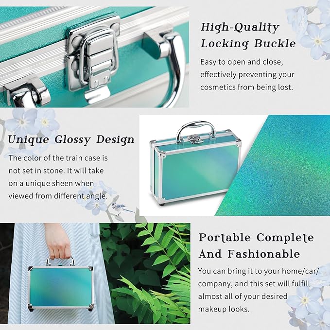 Color Nymph Beginner Makeup Kits For Teens With Train Case Included Full Makeup Kit Eyeshadow Palette Blushes Bronzer Highlighter Lipstick Brushes Mirror (Green)