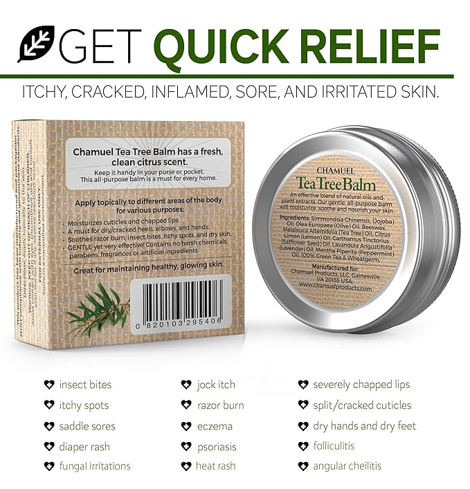 Tea Tree Oil Balm -100% All Natural | Great Cream for Soothing Irritations like Rashes, Insect Bites, Folliculitis, Acne, Itches, Dry Heels, Cuticles, Saddle Sores and more!