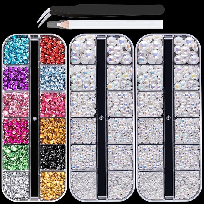 Flat Back Rhinestone+Half Round Pearl Kits Colorful Rhinestones+White AB Pearls With Picker Pencil And Tweezer For Home DIY And Professional Use
