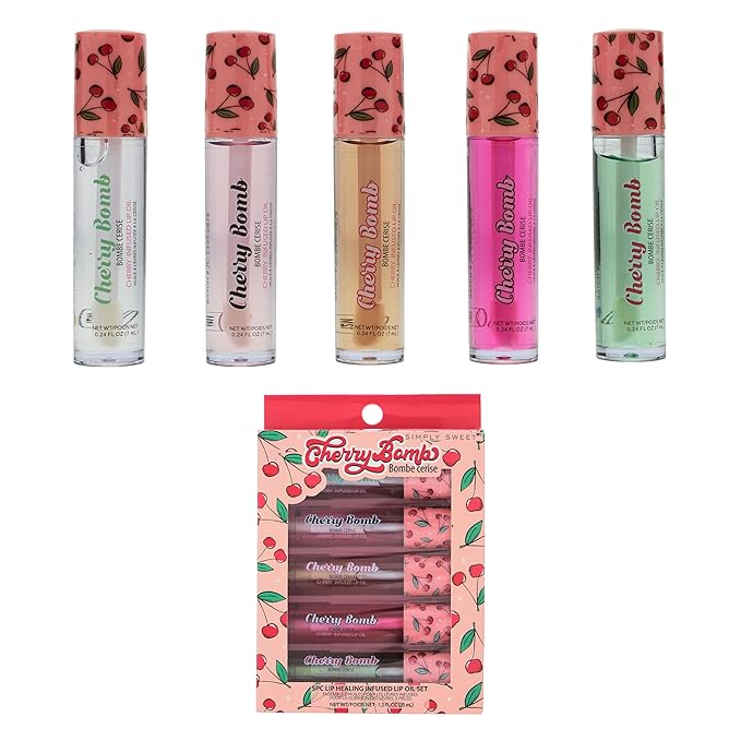 Expressions 5pc Lip Oil Set - Cherry Bomb Lip Oils, Lip Healing Cherry Infused Lip Oil Collection with Precision Applicator Wand Everyday Lip Care and Lip Repair (CHERRY BOMB)