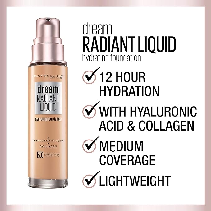 Maybelline New York Dream Radiant Liquid Medium Coverage Hydrating Makeup, Lightweight Foundation, Alabaster, 1 Fl Oz
